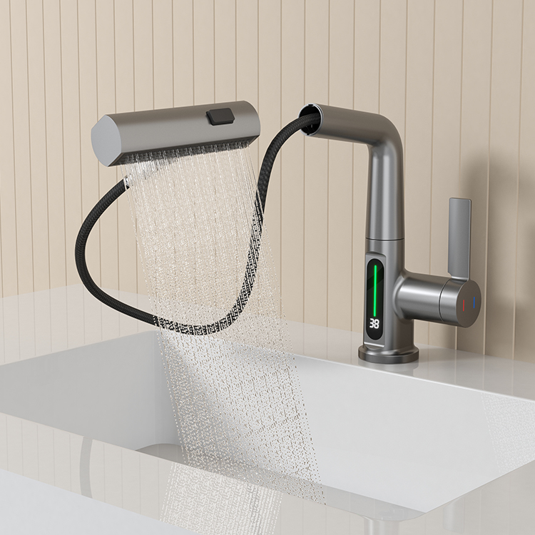 Modern Pull Down Bathroom Basin Faucet Single Handle Deck Mounted Hot and Cold Water Taps