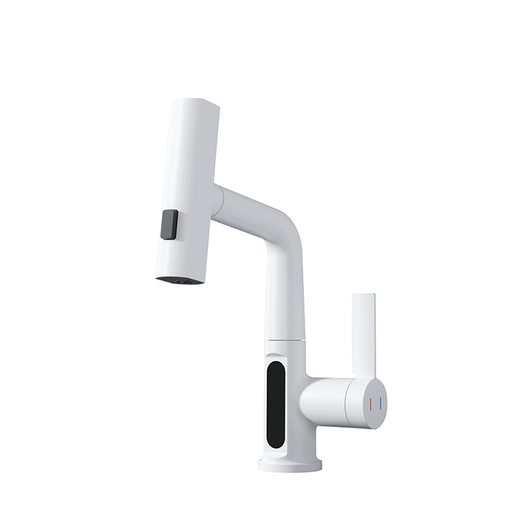 White Pull Down Bathroom Basin Faucet New Design One Hole Hot and Cold Water Tap