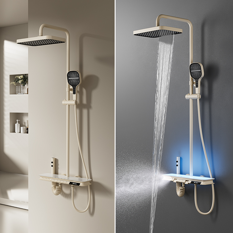 LED Digital Display Wall Mounted White Exposed Thermostatic Bathroom Shower Set