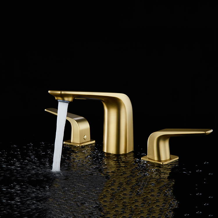 Kaiping Gockel Brushed Gold Brass Double Handle 3 Hole Deck Mounted Wash Mixer Tap Bathroom Basin Faucet