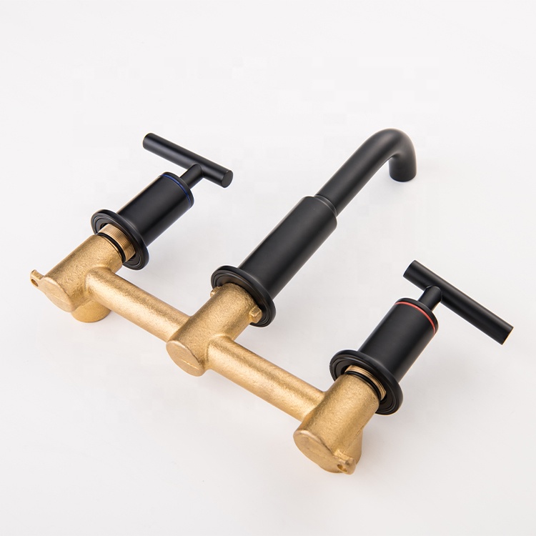 Brass Hot And Cold Water Wall Mounted Dual Handle Bathroom Sink Faucet Black Concealed 3 Holes Basin Mixer