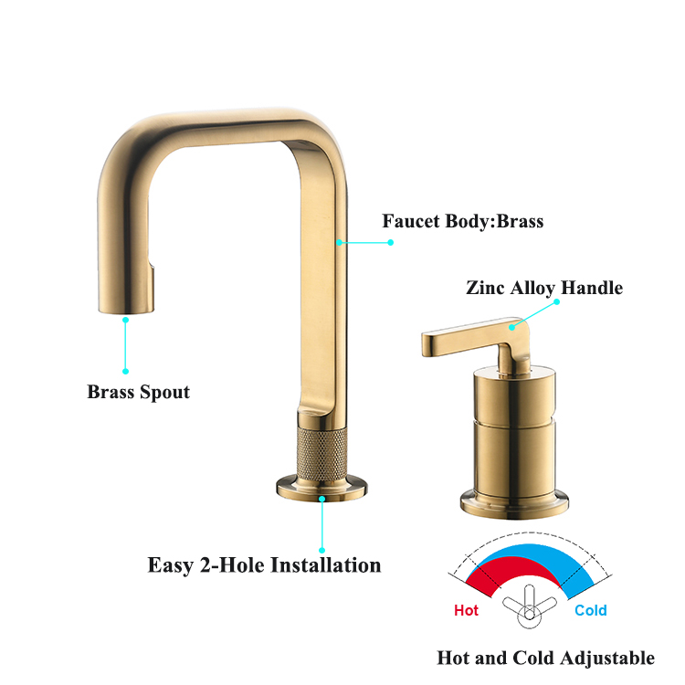 Contemporary Brushed Gold Brass Hot And Cold Water Mixer Tap 2 Hole Deck Mounted Bathroom Basin Mixer