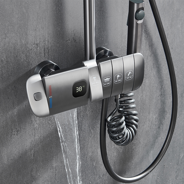 Luxury Brass Exposed Gun Grey Thermostatic Bathroom Mixer Shower Valve Digital Display Faucet