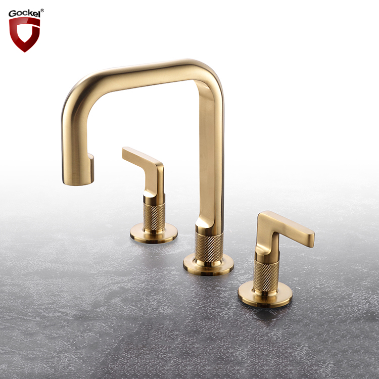 Brass Hot and Cold Water Deck Mounted Brushed Gold 8" Widespread Dual Handle Wash Mixer Tap Bathroom Basin Faucet