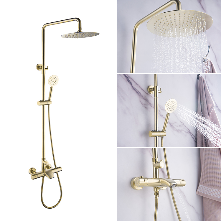 Luxury Brushed Gold Wall Mounted Hot And Cold Water Rain Bathroom Thermostatic Shower Faucet Set