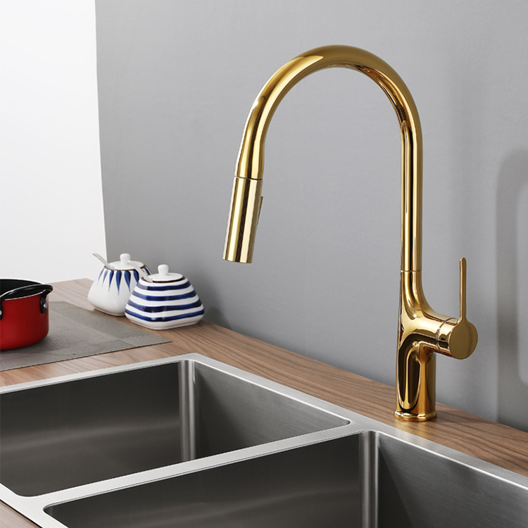 Titanium Gold Brass Pull Down Kitchen Faucet - Single Handle Hot and Cold Water