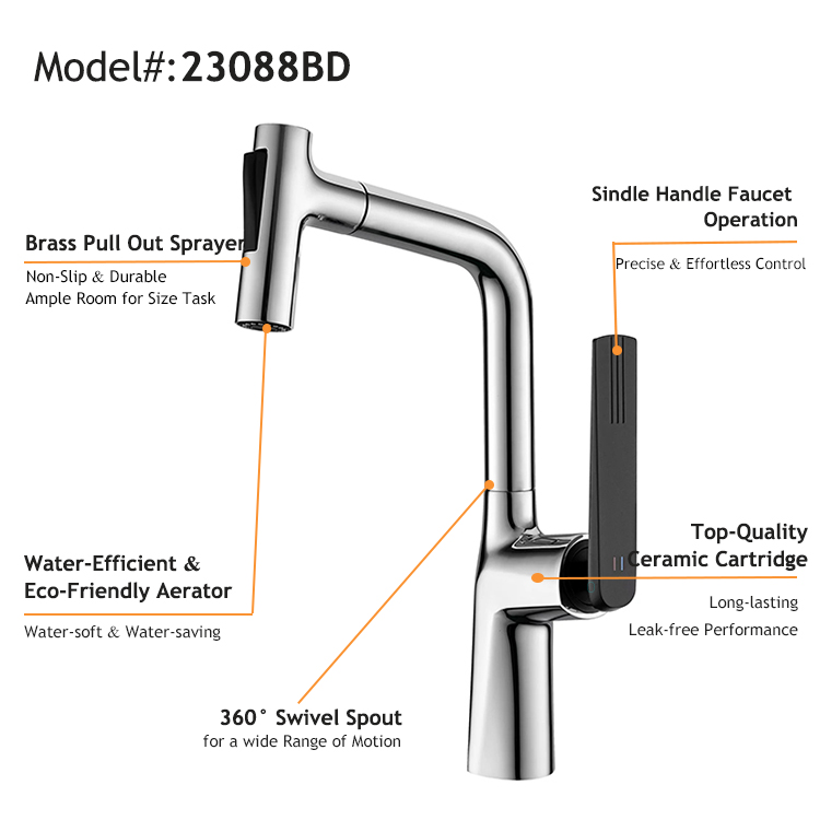 New Design Copper Single Lever Deck Mounted Hot and Cold Water Pull Down Kitchen Faucet