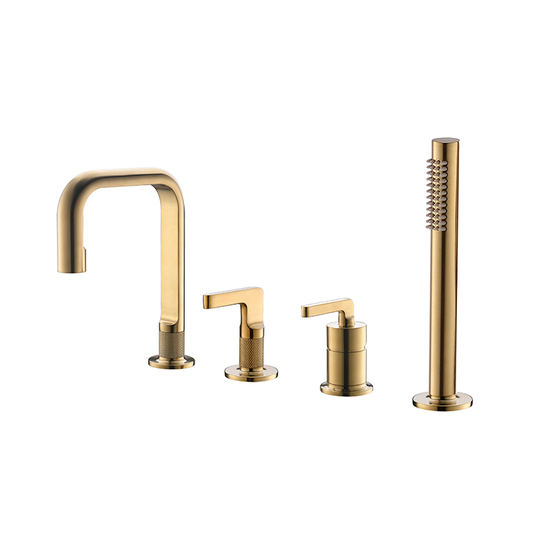 Wholesale 4 Hole Dual Handle Brushed Gold Bath Faucet Mixer Hand Held Bathroom Shower Faucet Set