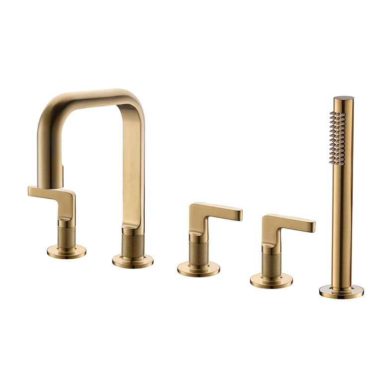 Modern Five Hole Copper Brushed Gold Triple Handle Deck Mounted Brass Bathtub Faucet Witch Hand Shower