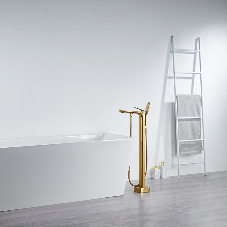 Brass Brushed Gold Single Handle Floor Mount Tub Filler Freestanding Bathtub Faucet