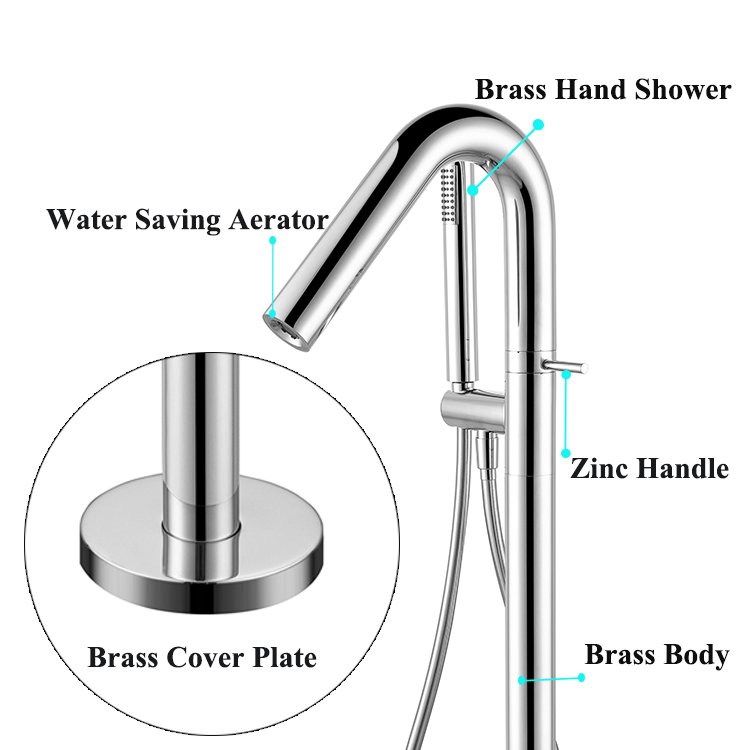 Modern Brass Floor Freestanding Tub Faucet Chrome Bath Shower Faucet With Hand Shower Bathtub 