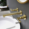 Brushed Gold Dual Handle Wall Mounted Bathroom Basin Faucet Brass Hot And Cold Water 3 Hole Mixer Tap