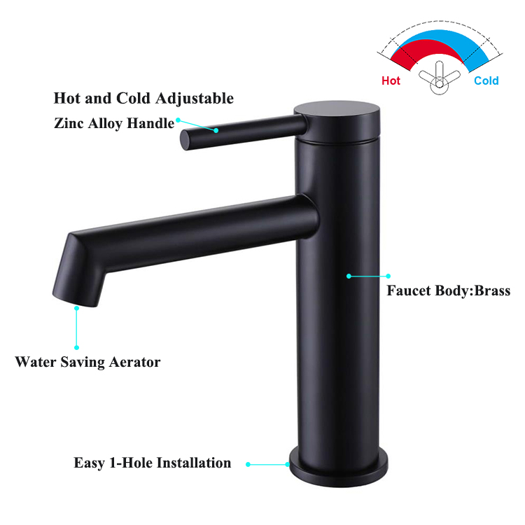 ISO9001 Guangdong Factory Round Deck Mounted Single Lever Single Handle Basin Mixer Matte Black Bathroom Faucet