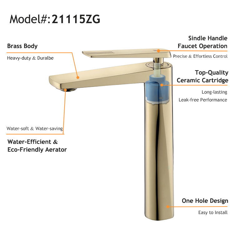 China Supplier Zirconium Gold Single Lever Hot and Cold Water Tall Wash Mixer Tap Bathroom Basin Faucet