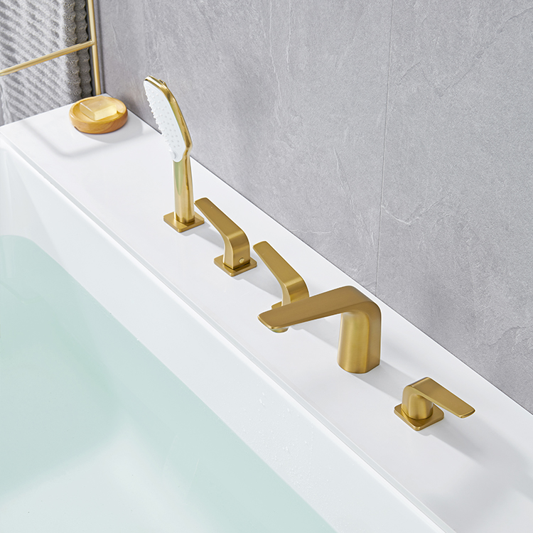 New Design Brushed Gold 5 Holes Deck Mounted Three Handle Bathroom Bathtub Shower Faucet Mixer Set