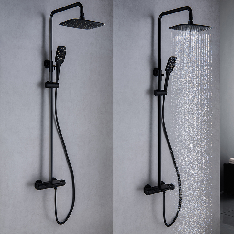 Modern Wall Mounted Matte Black Bathroom Rain Thermostatic Exposed Shower Faucet Set