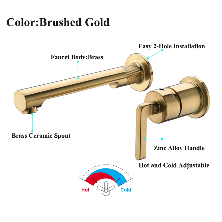 Luxury Copper Brushed Gold Single Handle 2 Hole Wall Mounted Washbasin Mixer Tap Bathroom Faucet
