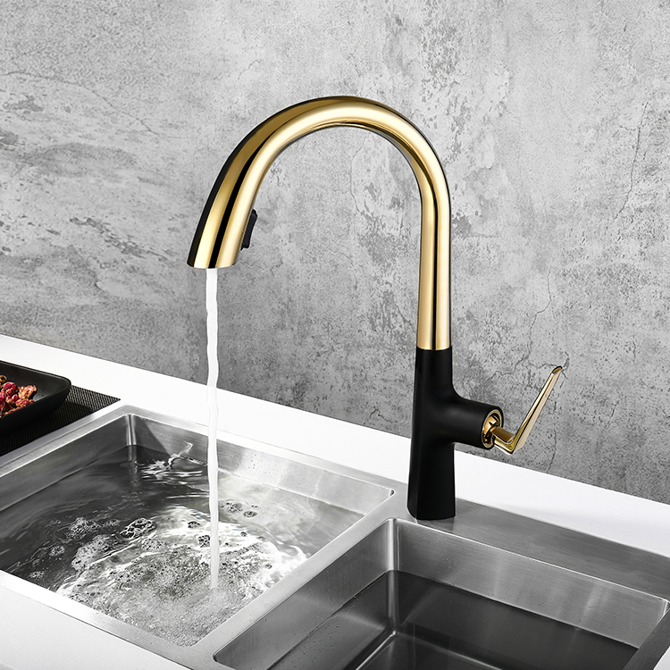 Good Quality Copper Gold Pull Out Kitchen Faucets Single Handle Hot and Cold Water Sink Mixer Tap 