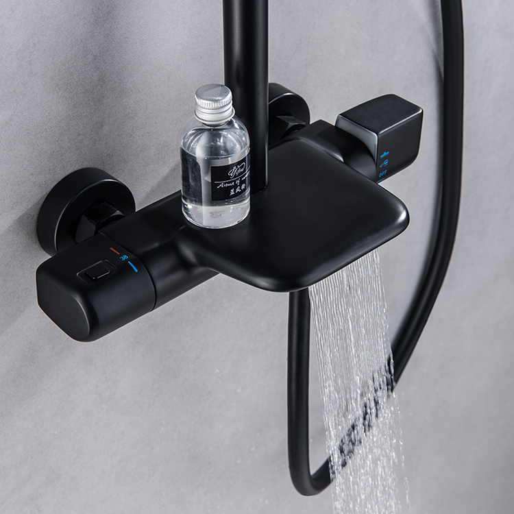 2021 Guangdong Wall Mounted Matt Black Rainfall Thermostatic Bathroom Exposed Shower Faucet Set