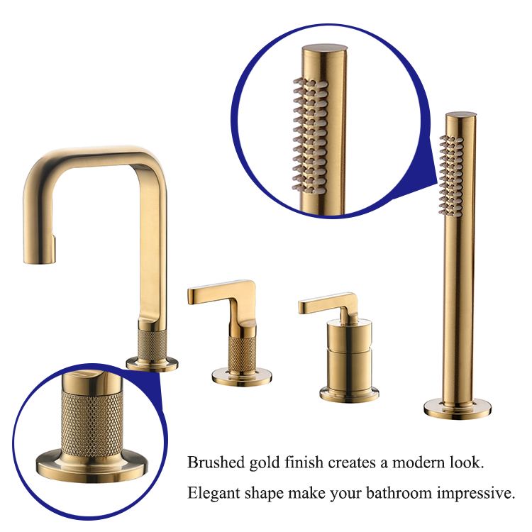 Wholesale 4 Hole Dual Handle Brushed Gold Bath Faucet Mixer Hand Held Bathroom Shower Faucet Set