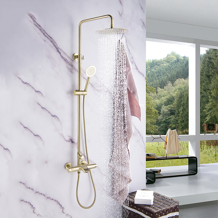 Luxury Brushed Gold Wall Mounted Hot And Cold Water Rain Bathroom Thermostatic Shower Faucet Set