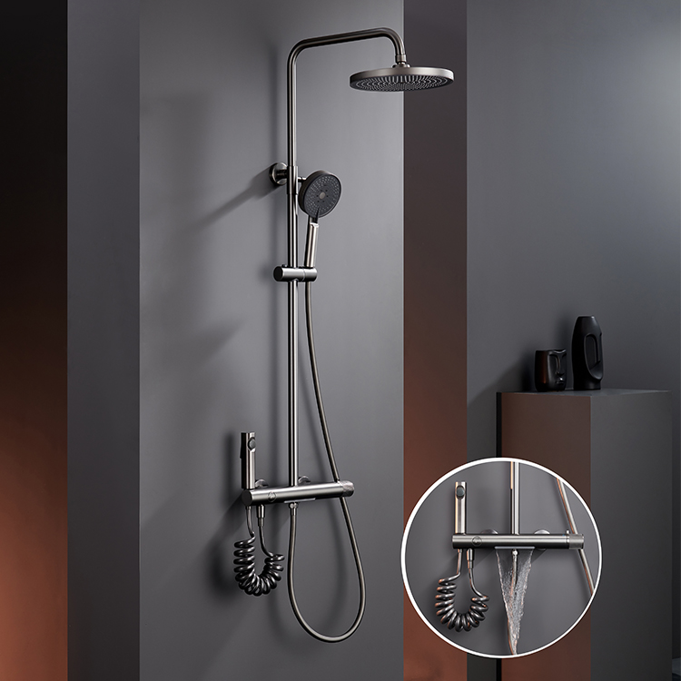 Rainfall Copper Exposed Bathroom Shower Set Gun Grey Wall Mounted Shower Column Set