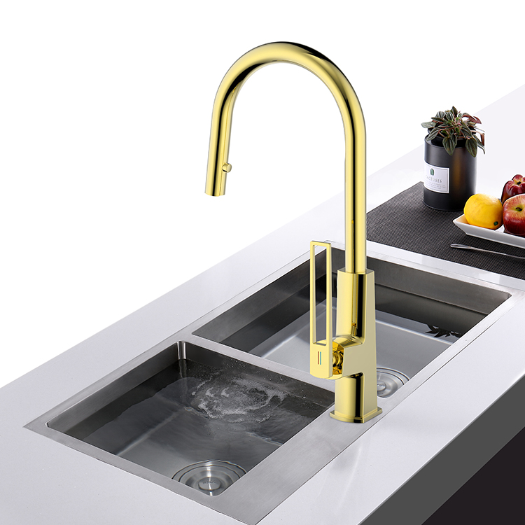 New Design Brushed Gold Pull Down Kitchen Faucet Brass Deck Mount Sink Mixer Tap 
