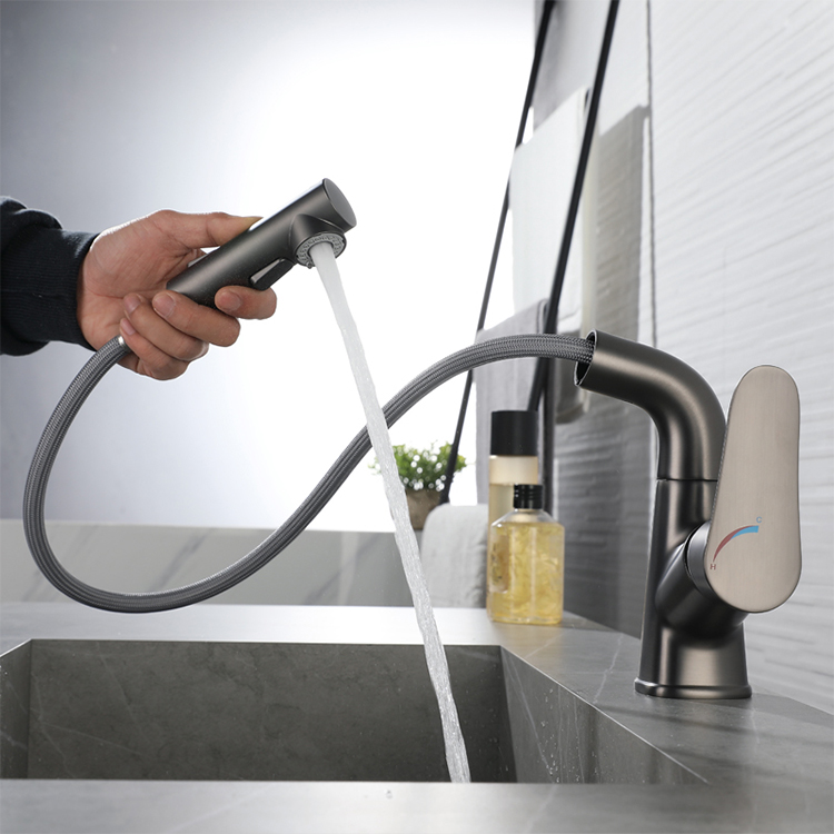 Gun Grey Pull Down Sprayer Bathroom Basin Facuet Deck Mounted Copper Wash Mixer Tap