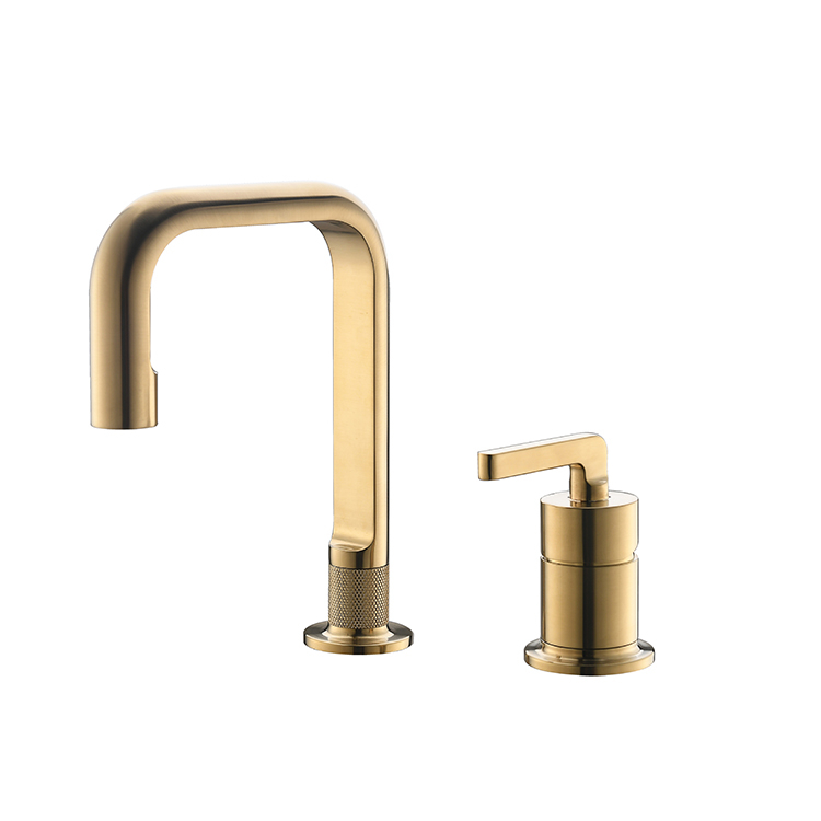 Contemporary Brushed Gold Brass Hot And Cold Water Mixer Tap 2 Hole Deck Mounted Bathroom Basin Mixer