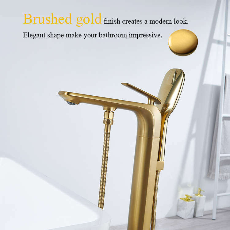 Brushed Gold Freestanding Bathtub Faucet Brass Floor Stand Tub Filler