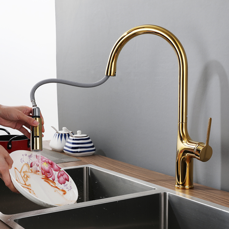 Titanium Gold Brass Pull Down Kitchen Faucet - Single Handle Hot and Cold Water