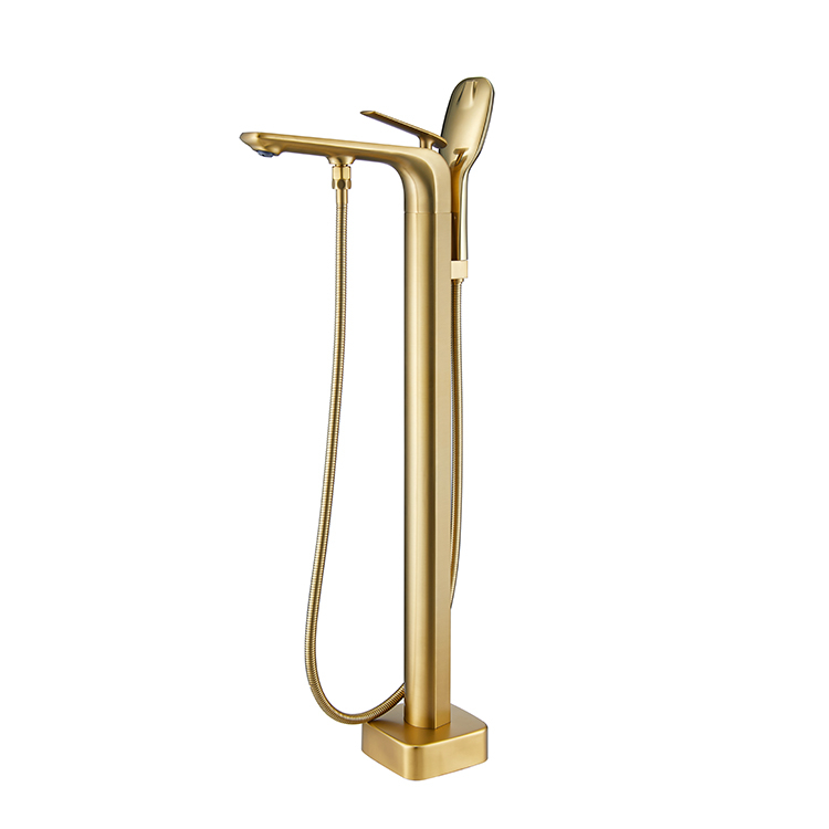 Brushed Gold Freestanding Bathtub Faucet Brass Floor Stand Tub Filler Bathtub Shower Mixer