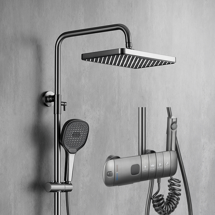 Gun Grey Brass Rainfall Thermostatic Bathroom Shower Set Shower System Set Wall Mounted